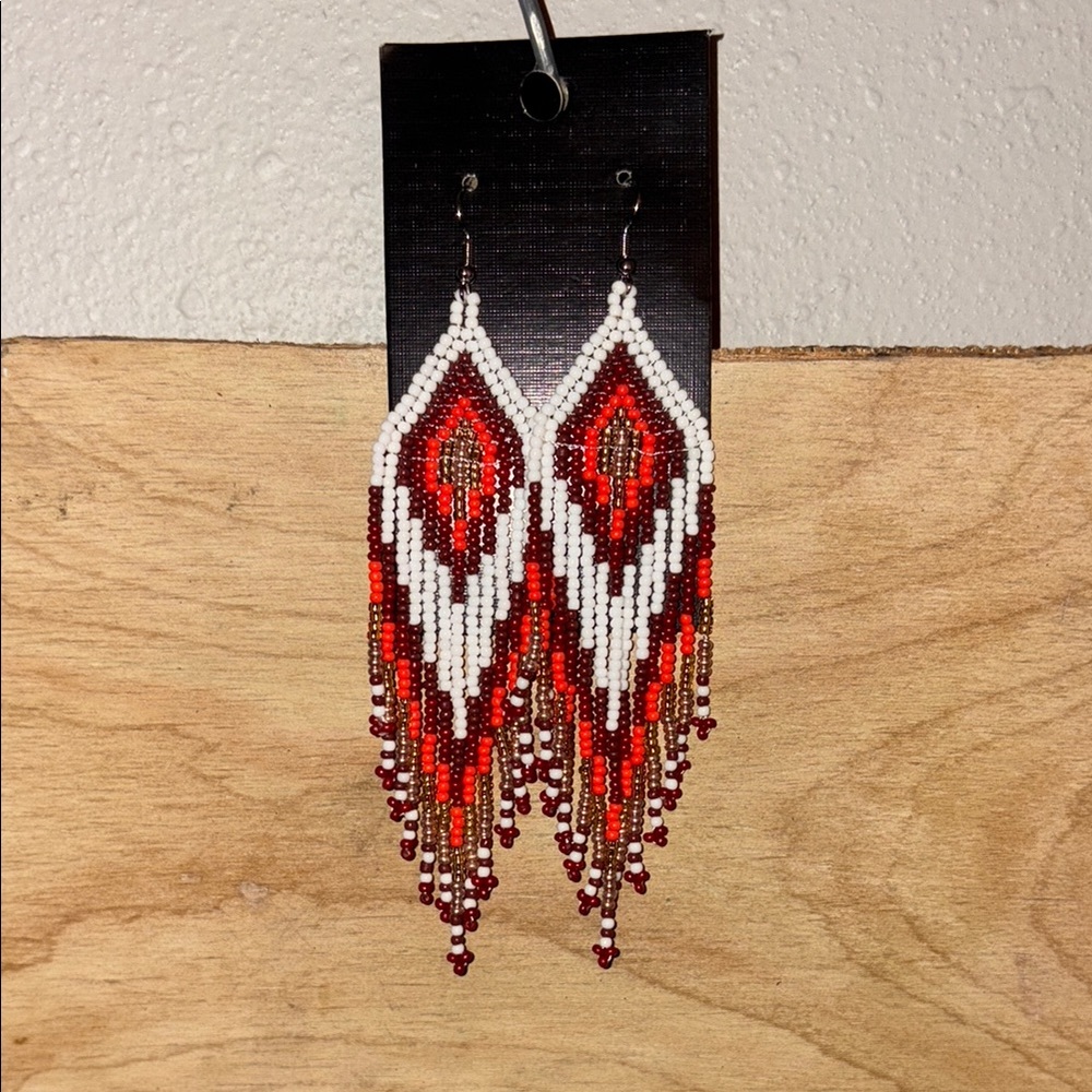 Tribal Vibes Red and White Beaded Earrings